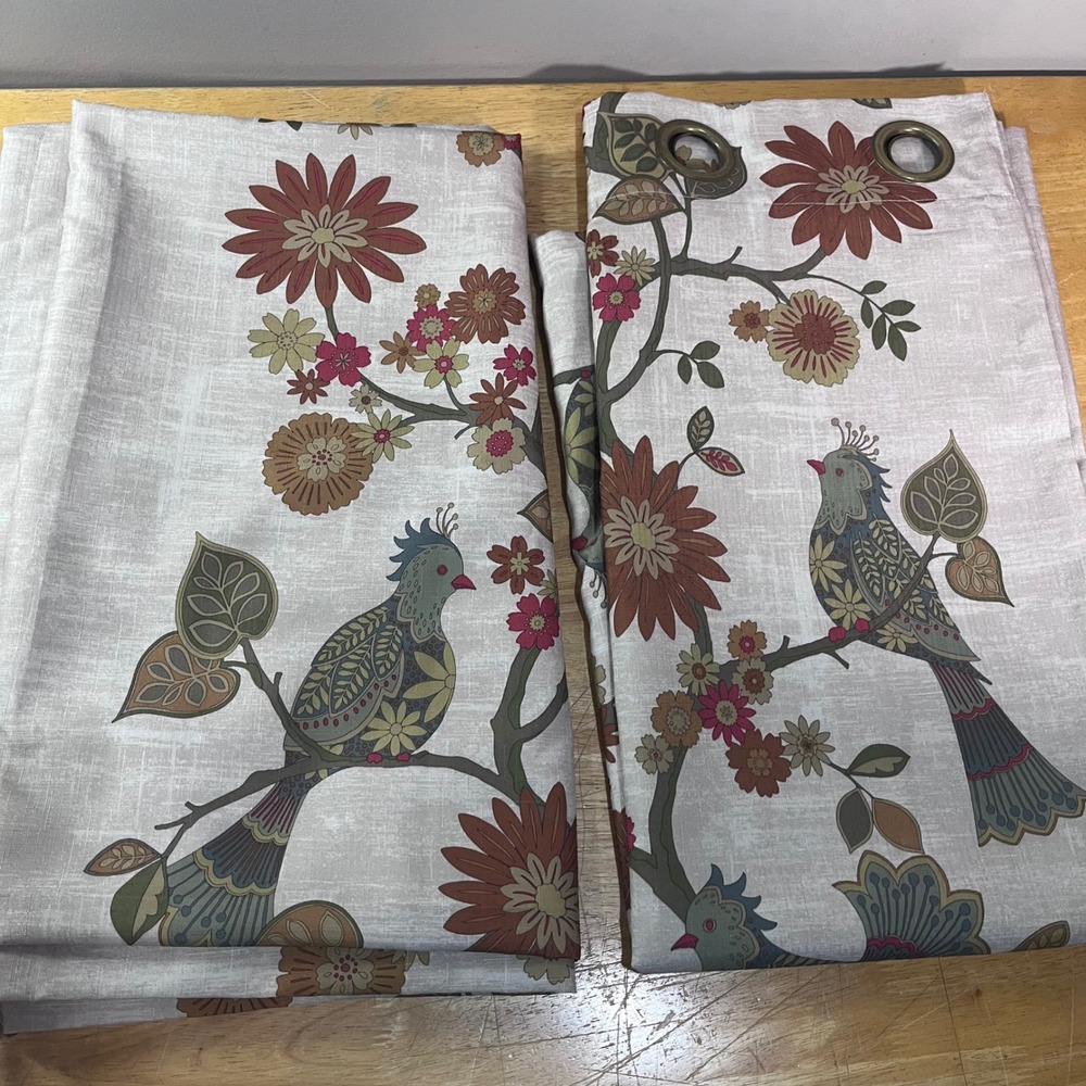 Pier 1 Imports Bird Floral Grommet Curtain Panels 50x84 Set of 2 Chinoiserie Vtg